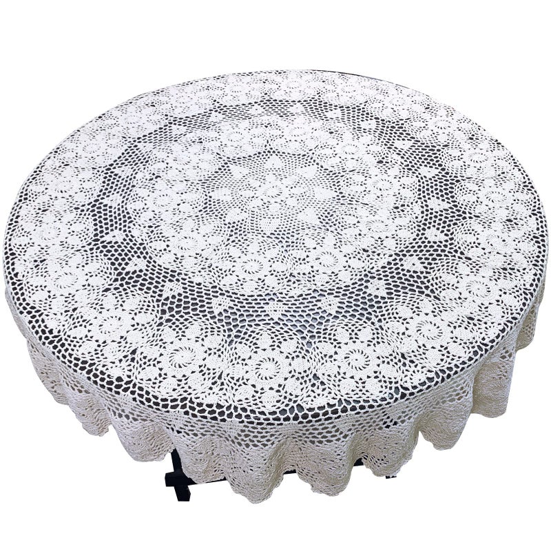 USTIDE 100% Cotton Lace Tablecloth Round White 70-inch Handmade Crochet Table Overlays Floral Design Table Covers - Image 1